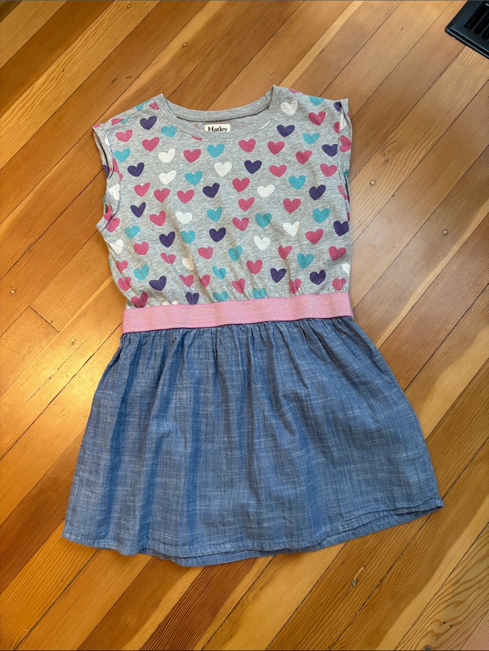 Hatley Grey Heart-Print Top with Blue Chambray Skirt and Pink Waistband